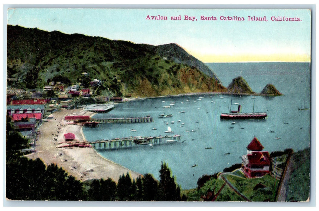 1912 Avalon & Bay Boats Resorts Bridges Harbor Santa Catalina Island CA Postcard