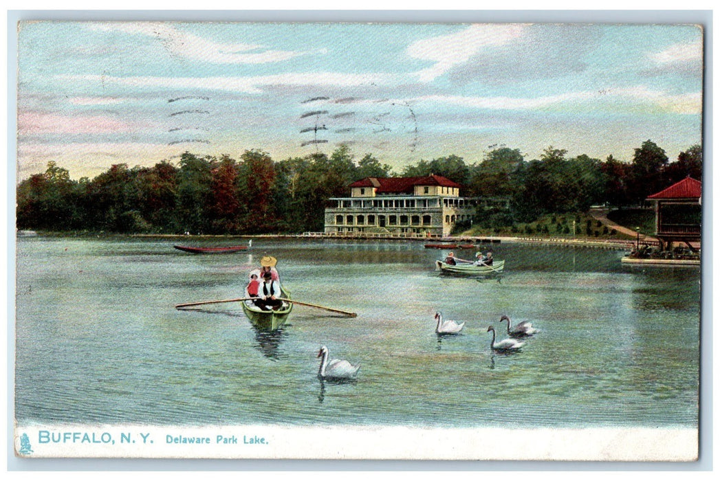 1909 Delaware Park Lake Canoeing Swans Scene Buffalo New York NY Posted Postcard