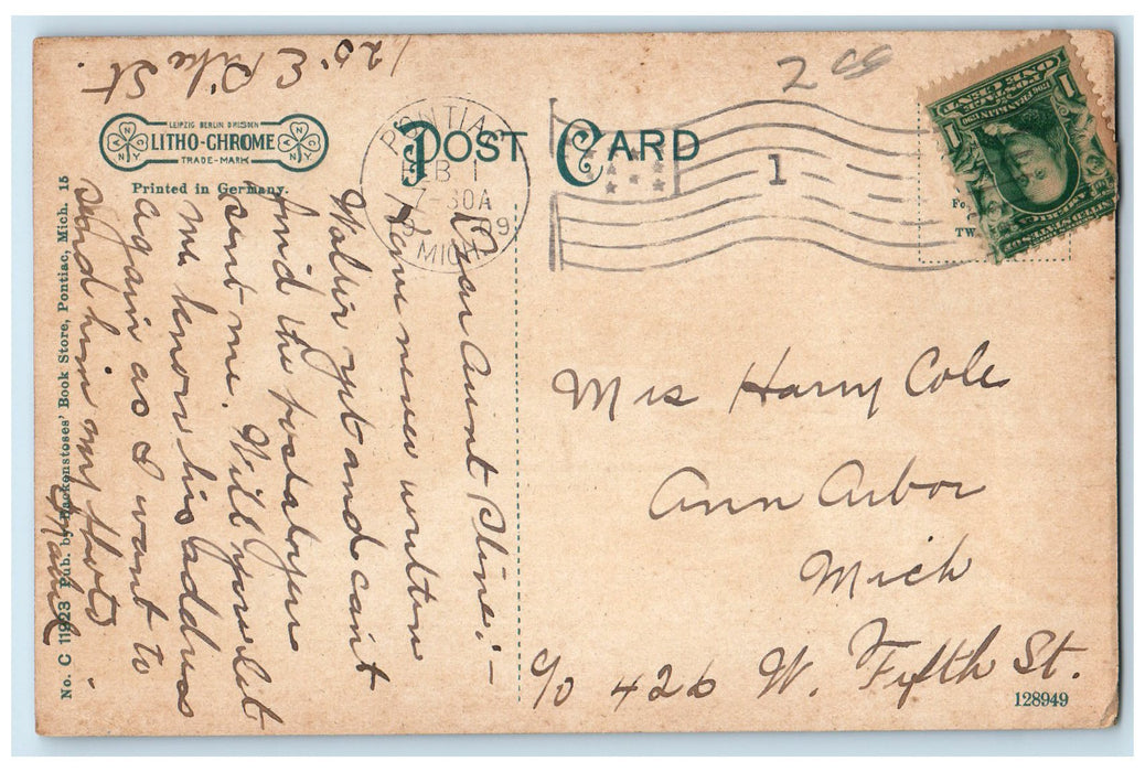 1909 Scene On Clinton River Bridge View Pontiac Michigan MI Posted Postcard