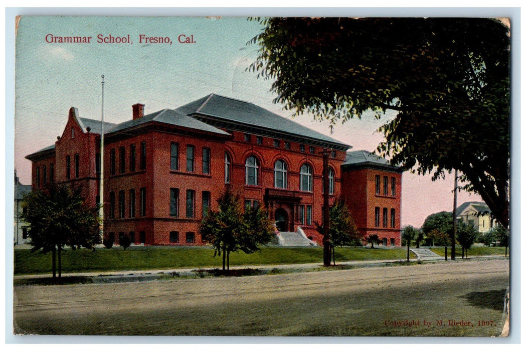 1911 Grammar School Campus Building Entrance Stair Fresno California CA Postcard