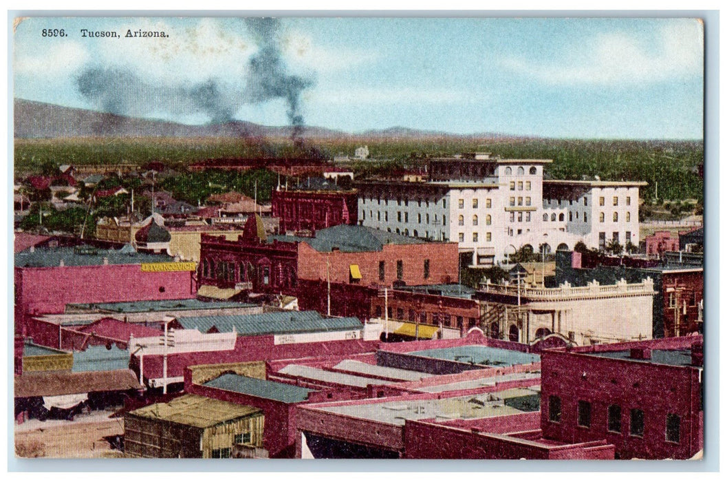 c1950 Aerial View Buildings Train Smokestacks Forest Tucson Arizona AZ Postcard