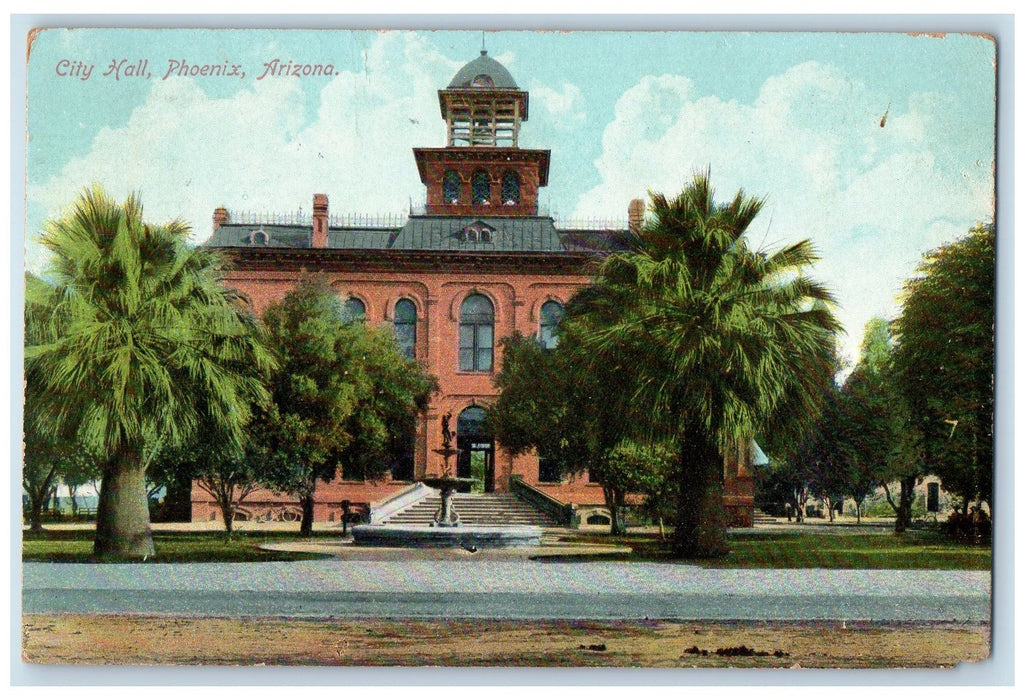 1909 City Hall Building Fountain Entrance Tower Tree Phoenix Arizona AZ Postcard