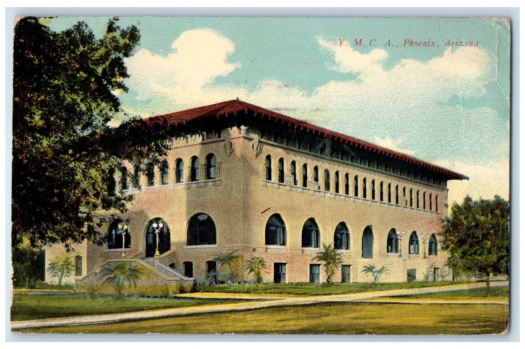 1912 YMCA Building Stairs Entrance Ground Trees View Phoenix Arizona AZ Postcard