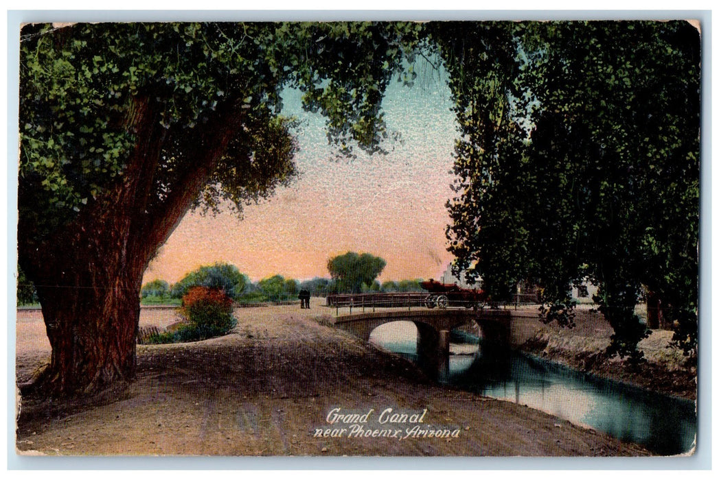 1914 Grand Canal Creek Dirt Road Tree Gentlemen Near Phoenix Arizona AZ Postcard