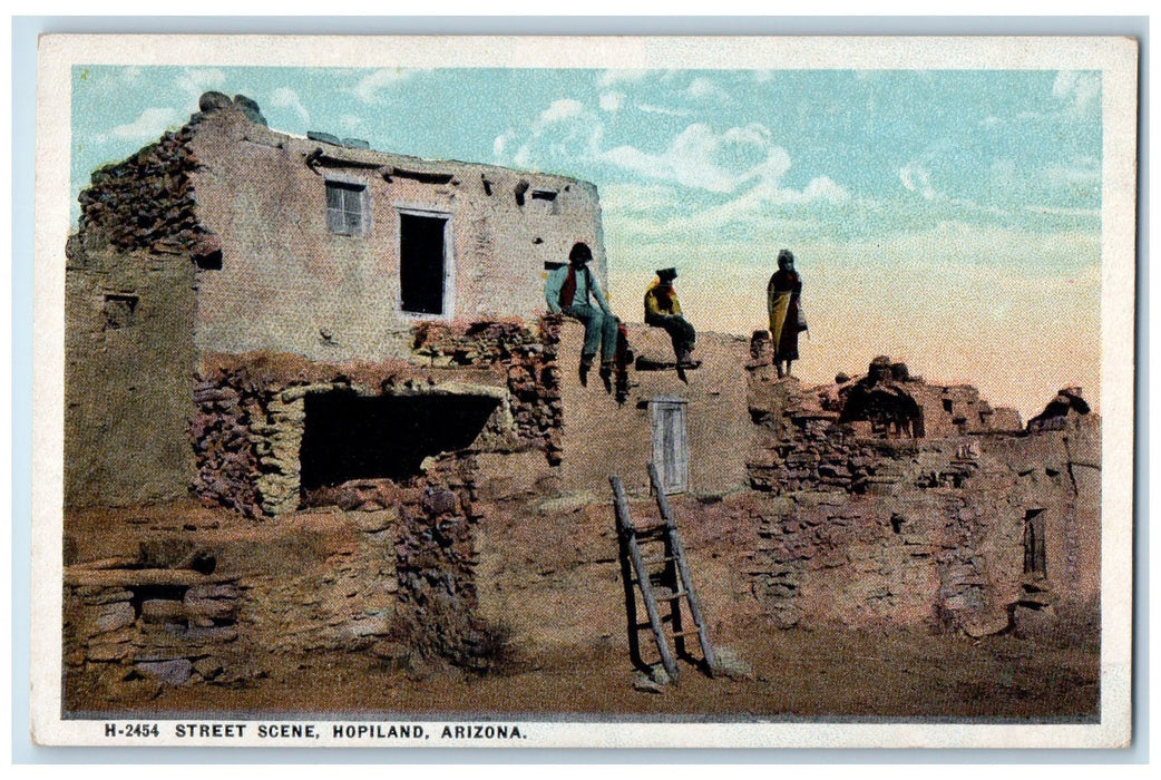 c1920's Street Scene House Stone People On Top VIew Hopiland Arizona AZ Postcard