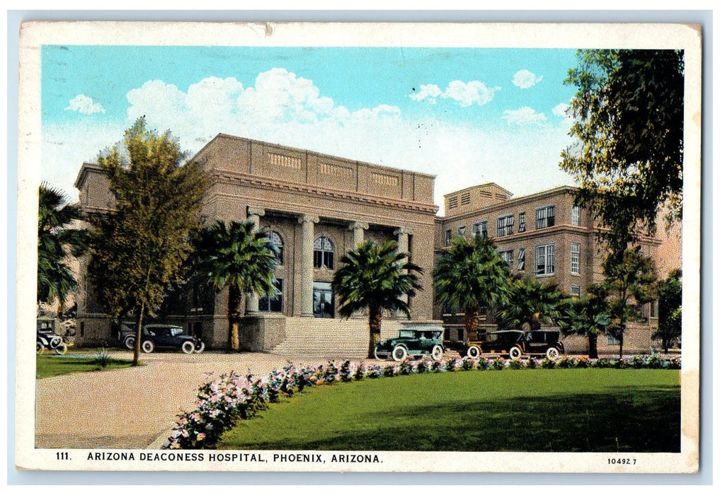 1929 Arizona Deaconess Hospital Building Classic Car Phoenix Arizona AZ Postcard