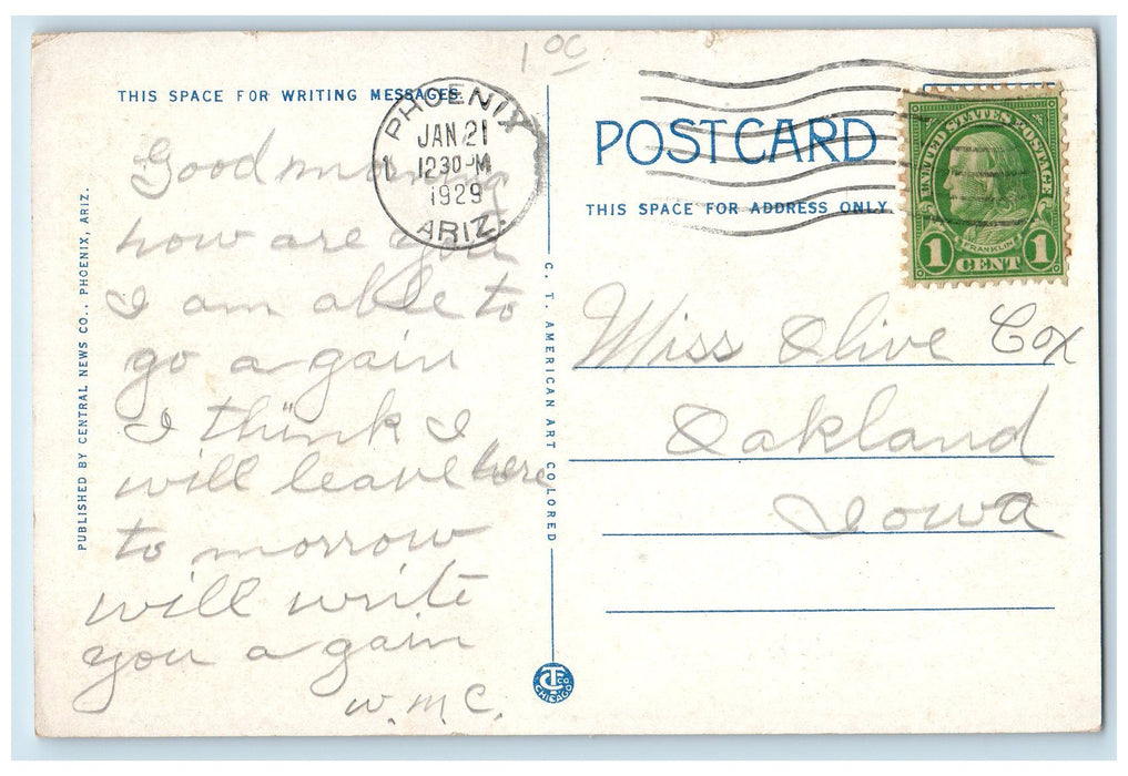 1929 Arizona Deaconess Hospital Building Classic Car Phoenix Arizona AZ Postcard