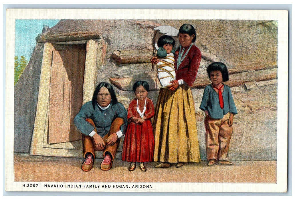 c1920's Navaho Indian Family & Hogan House Stone Structure Arizona AZ Postcard
