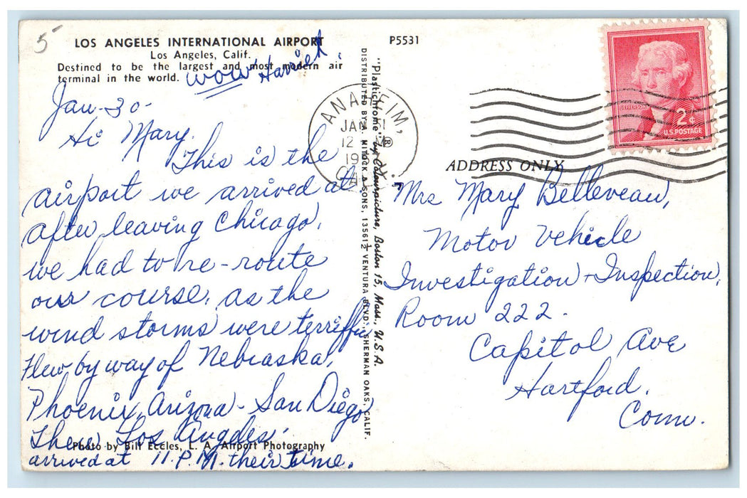 1957 Los Angeles International Airport California CA Posted Airplanes Postcard