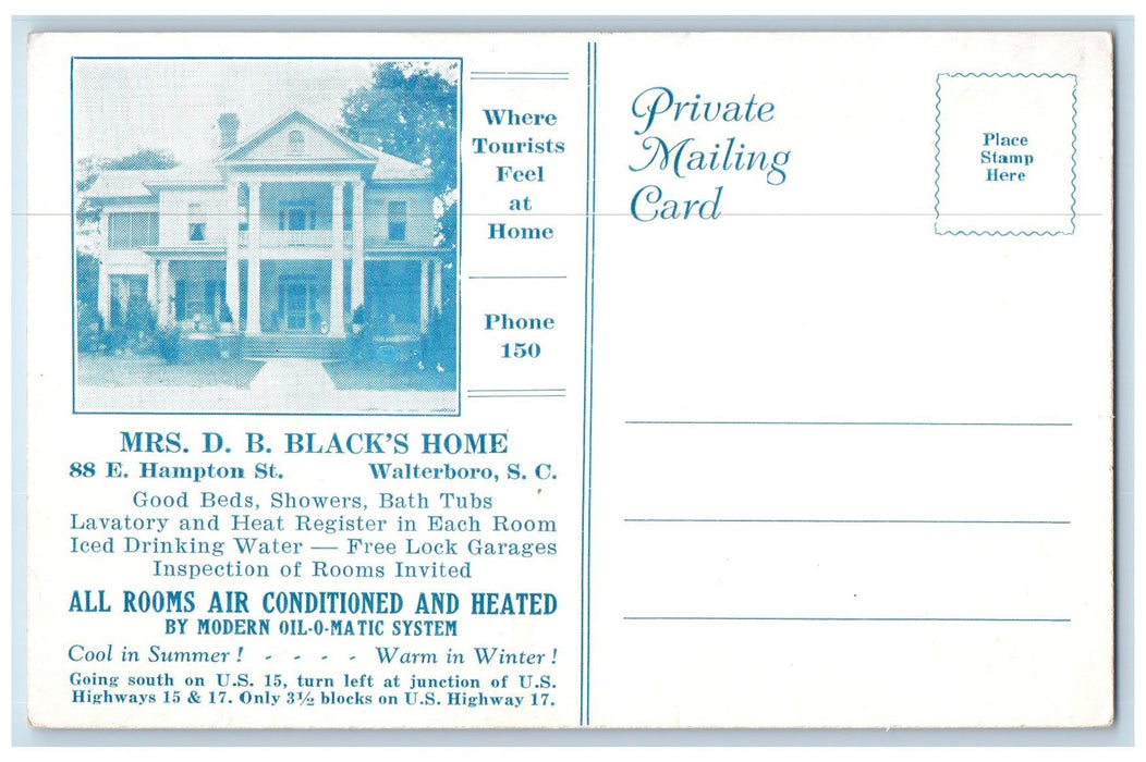 c1960s Mrs. D. B. Black's Home Scene Motel Walterboro South Carolina SC Postcard