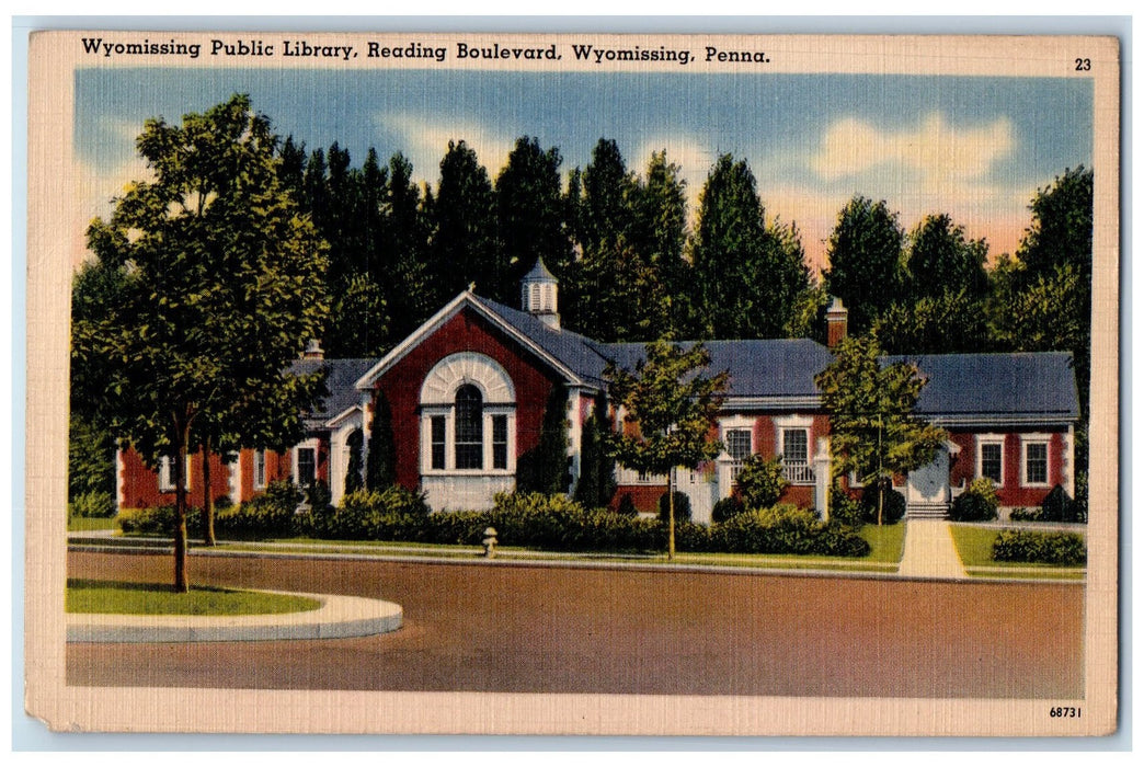 c1940s Wyomissing Public Library Exterior Roadside Reading Boulevard PA Postcard