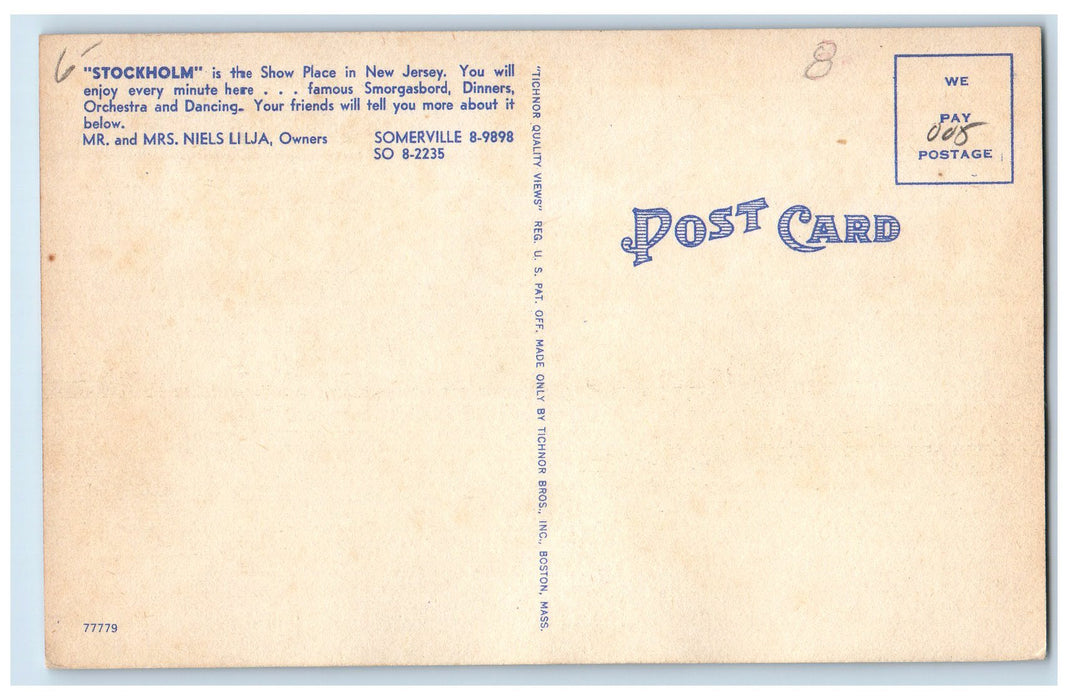 c1940s Stockholm Restaurant Roadside Somerville New Jersey NJ Unposted Postcard