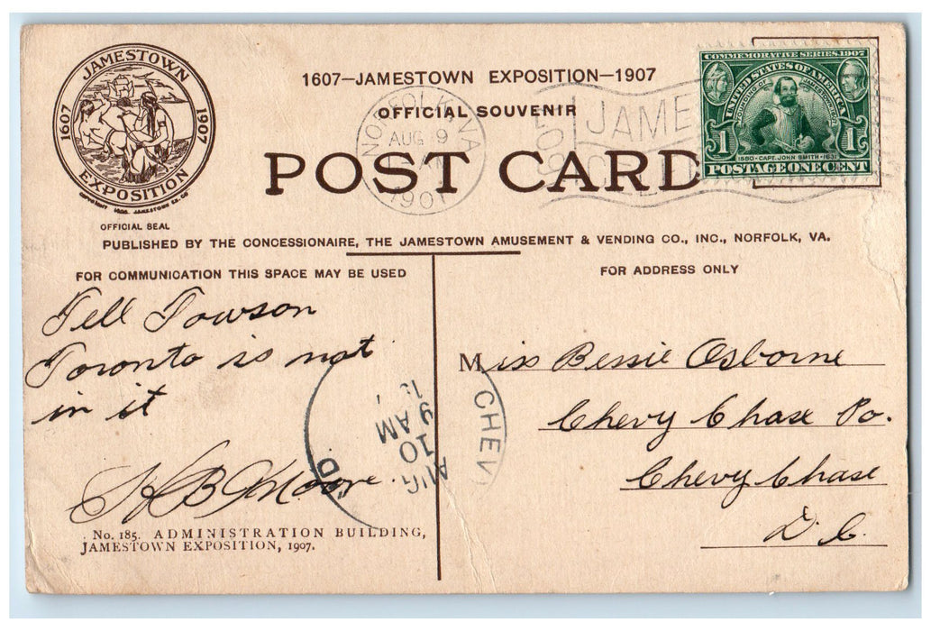 1907 Administration Building Jamestown Exposition Norfolk VA Posted Postcard