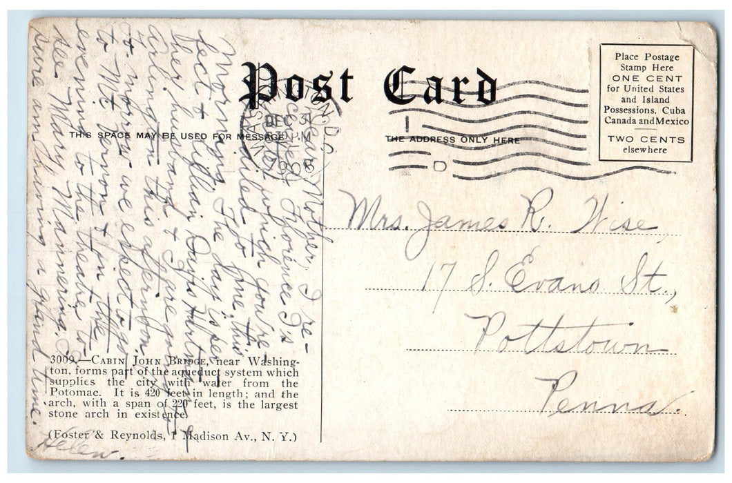 1909 Cabin John Bridge Trees Scene Near Washington DC Posted Vintage Postcard