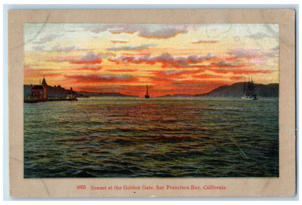 1909 Sunset At The Golden Gate San Francisco Bay California CA Posted Postcard