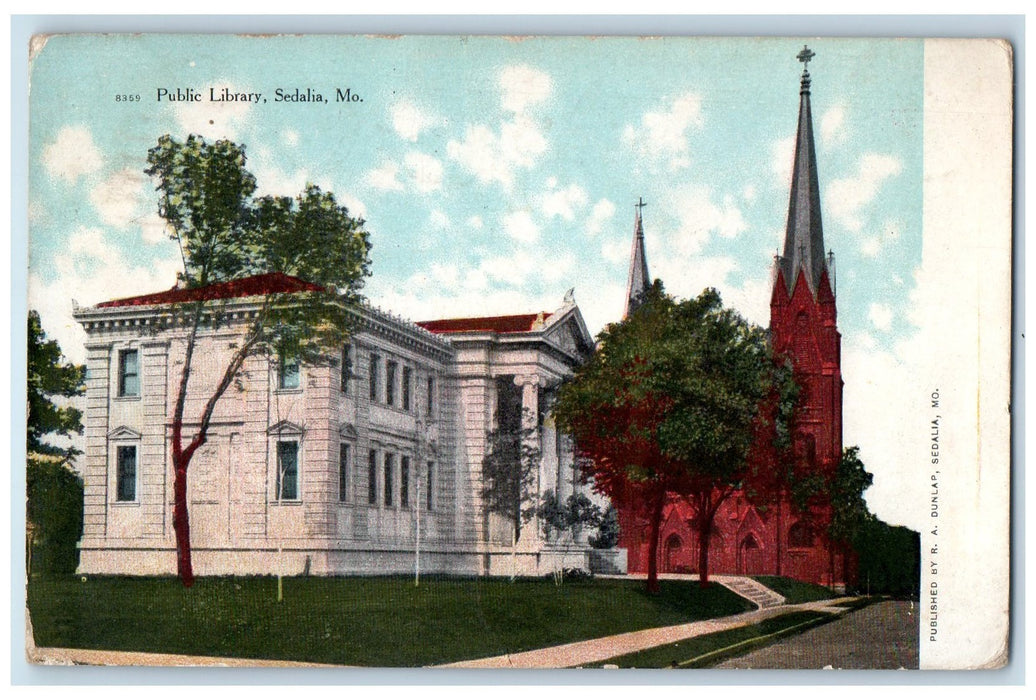 1908 Public Library Exterior Roadside Sedalia Missouri MO Posted Trees Postcard