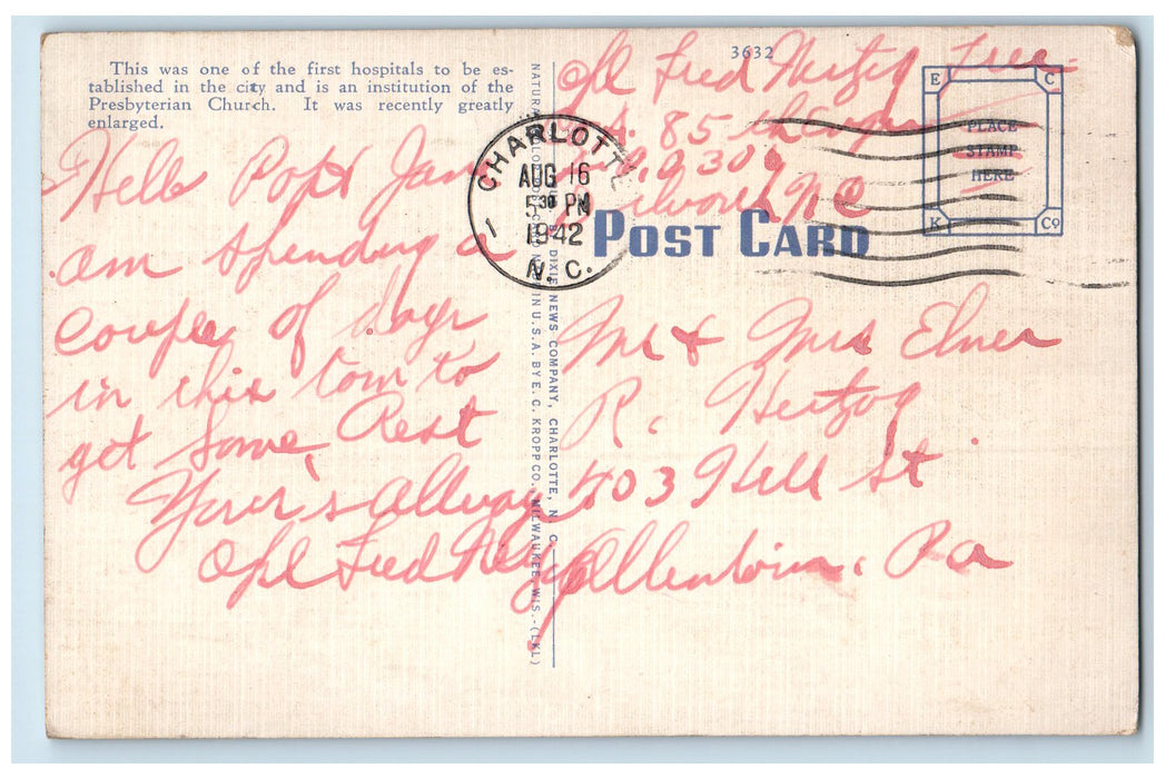 1942 Presbyterian Hospital Exterior Charlotte North Carolina NC Posted Postcard