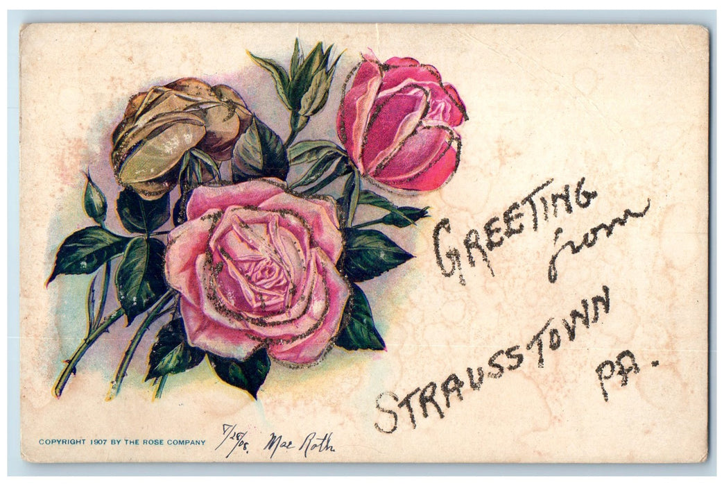 c1910s Greetings From Strausstown Embossed Flowers PA Unposted Vintage Postcard