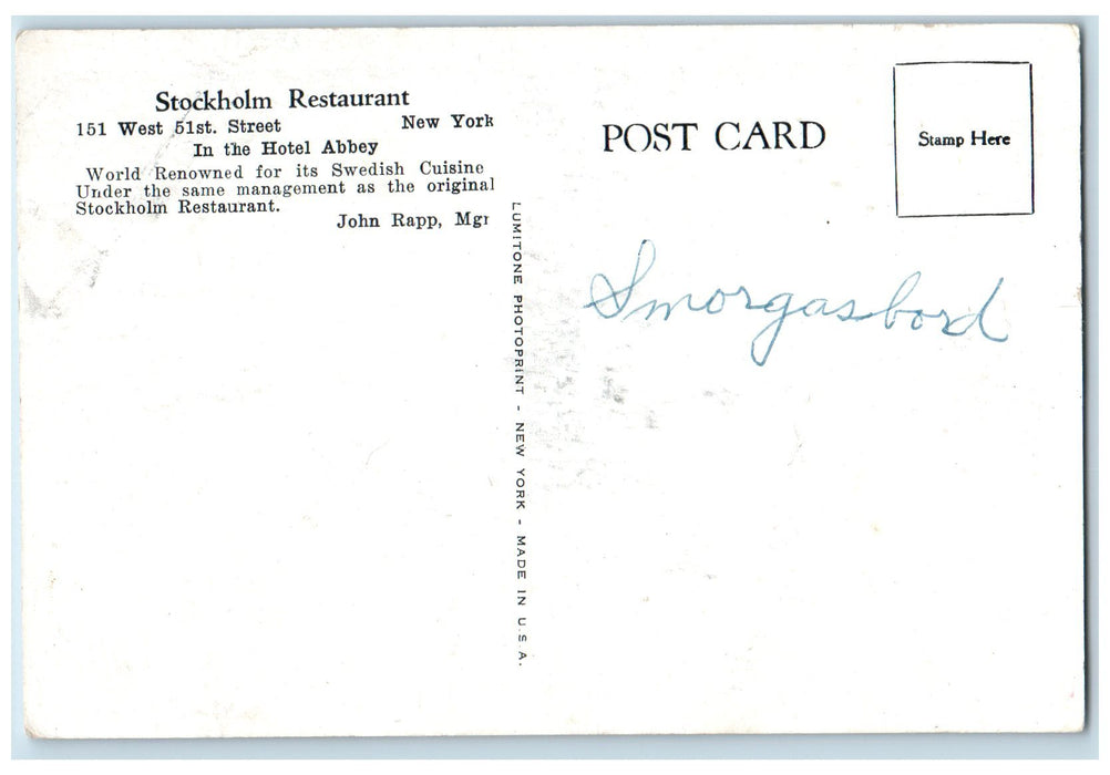 c1960s Stockholm Restaurant Hotel Abby Swedish Cuisine NY Unposted Postcard