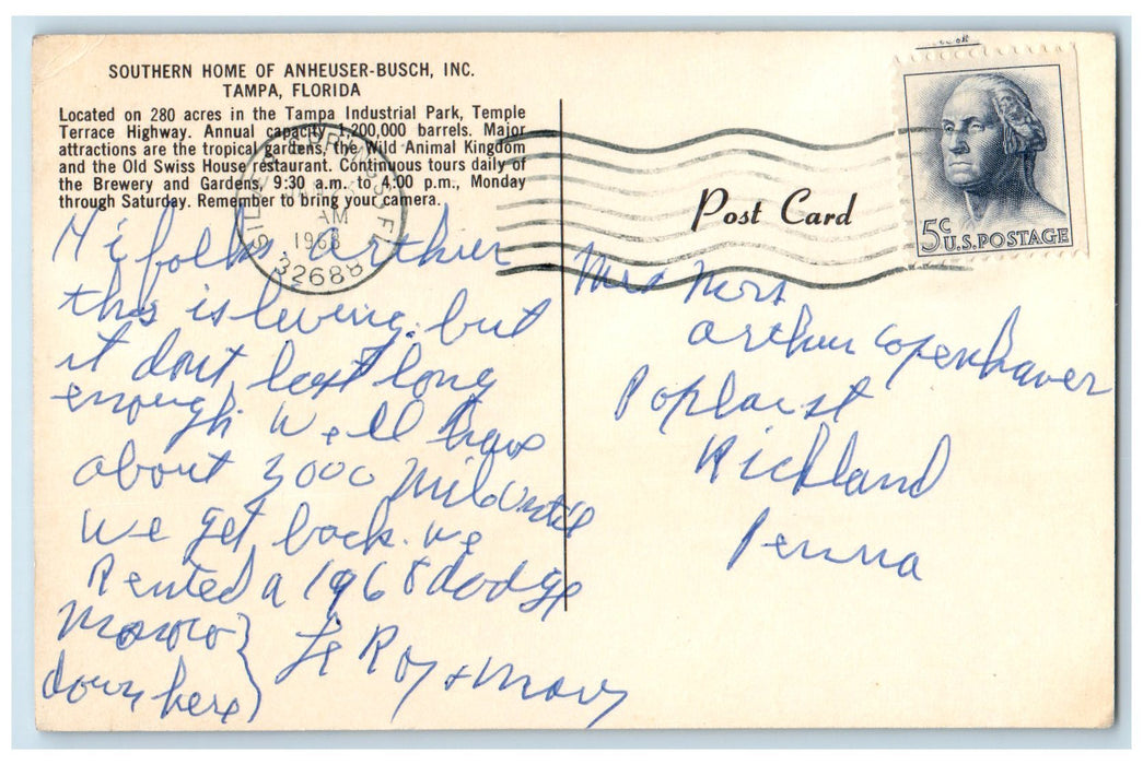 1968 Southern Home Of Anheuser-Busch Inc Tampa Florida FL Posted Animal Postcard