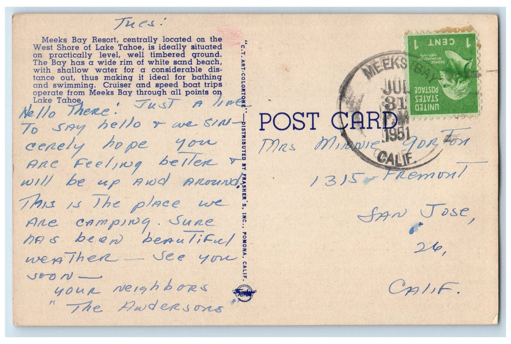 1951 Meeks Bay Resort Lake Tahoe From Highway Lake Tahoe California CA Postcard