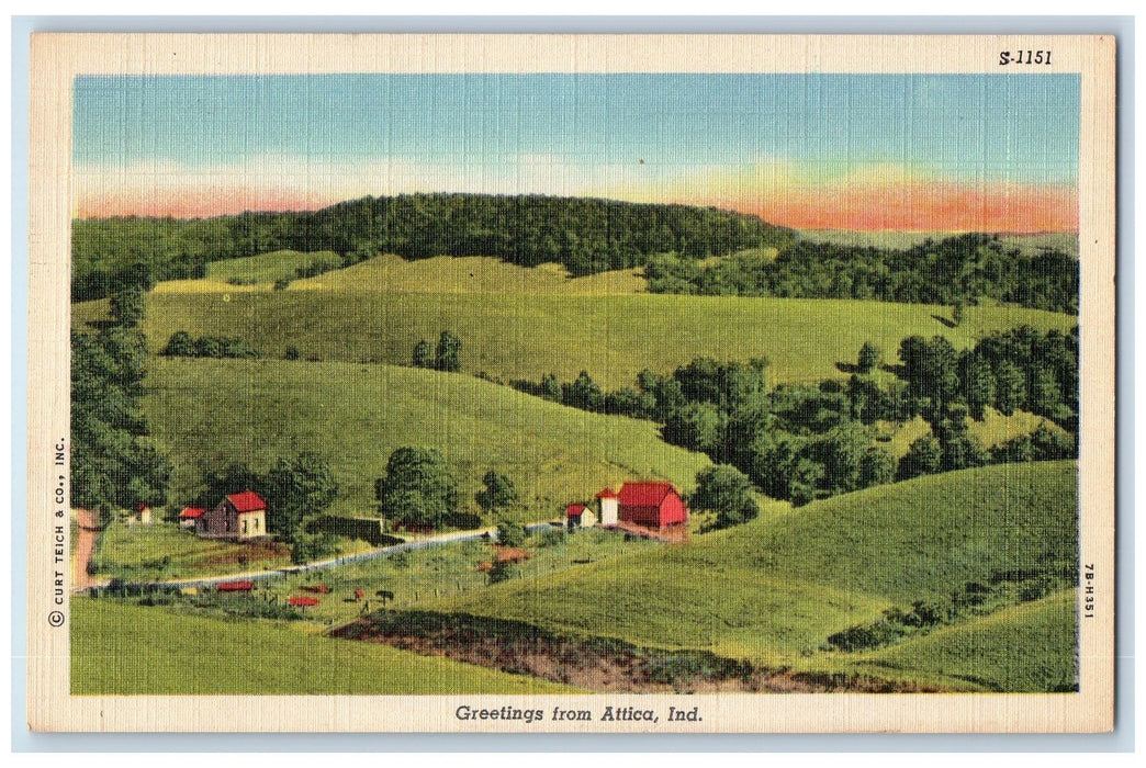 c1940s Greetings From Attica Hills Scene Indiana IN Unposted Vintage Postcard