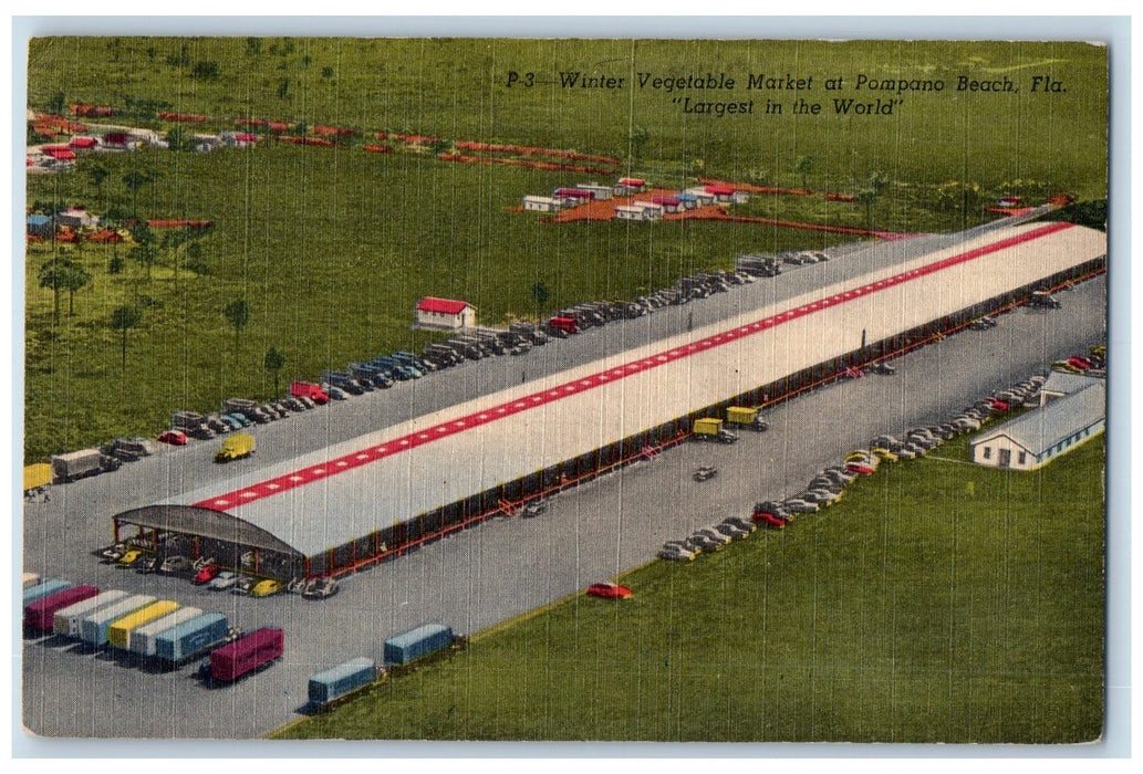 1953 Winter Vegetable Market Aerial View At Pompano Beach Florida FL Postcard