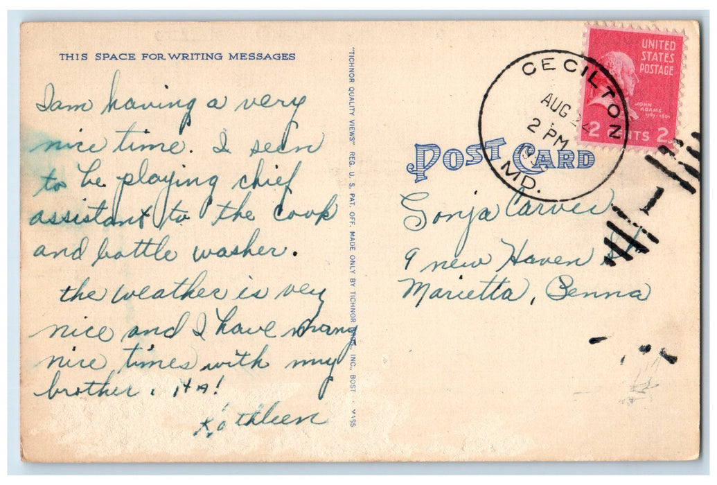 1945 Greetings From Crystal Beach Manor Maryland MD Posted Speedboat Postcard