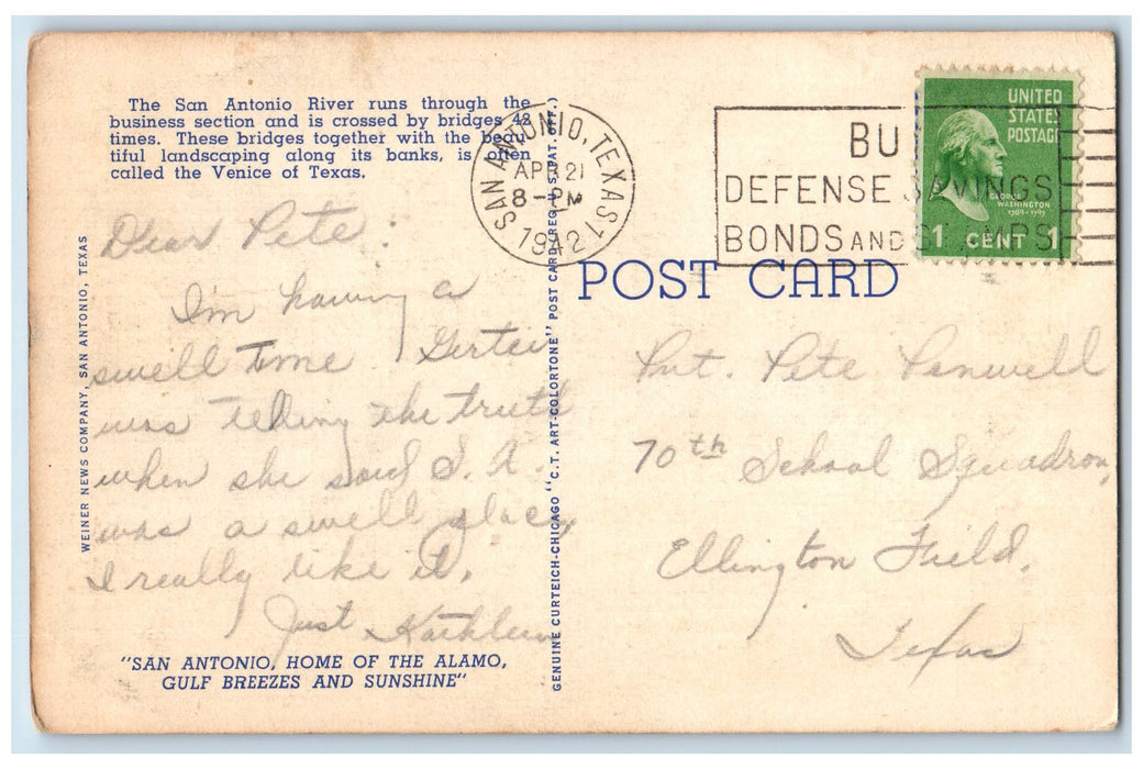 1942 One Of The Many Attractive Scenes Along San Antonio River Texas TX Postcard