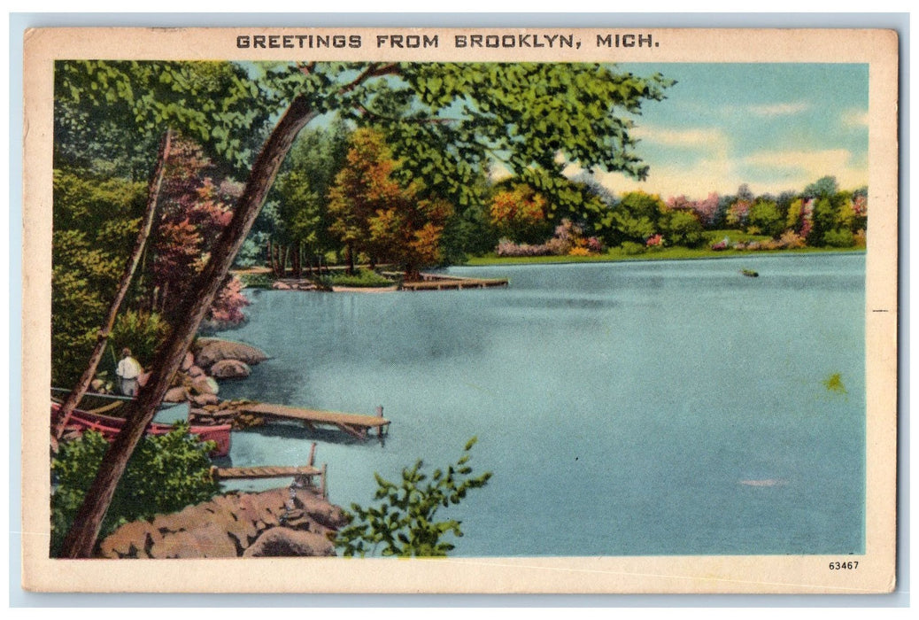 1950 Greetings From Brooklyn River Canoe Boats  Michigan MI Unposted Postcard