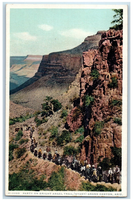 c1920's Party On Bright Angel Trail Horse Riding Cliff Grand Canyon AZ Postcard