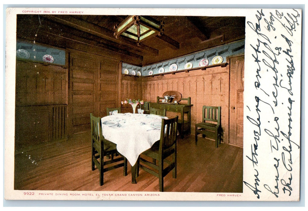 1906 Private Dining Room Hotel El Tovar Restaurant View Grand Canyon AZ Postcard