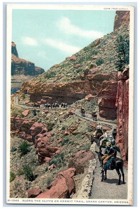c1920's Along The Cliffs On Hermit Trail Horse Riding Grand Canyon AZ Postcard
