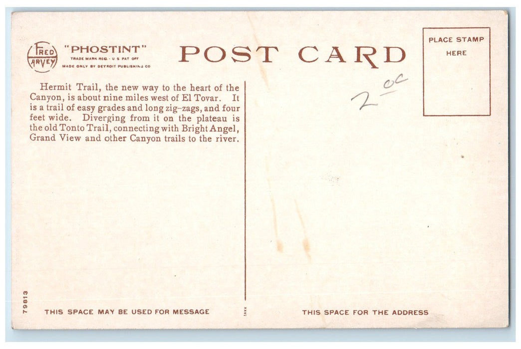 c1920's Along The Cliffs On Hermit Trail Grand Canyon National Park AZ Postcard