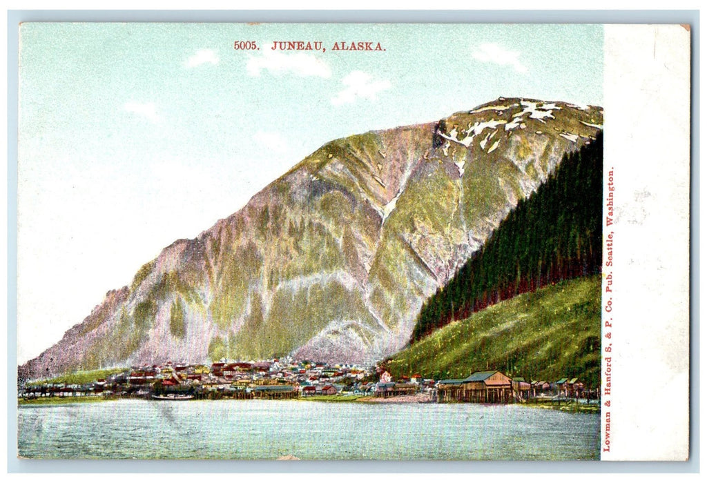 c1905 Juneau Alaska Mountain Snowcapped Riverside Buildings Alaska AK Postcard
