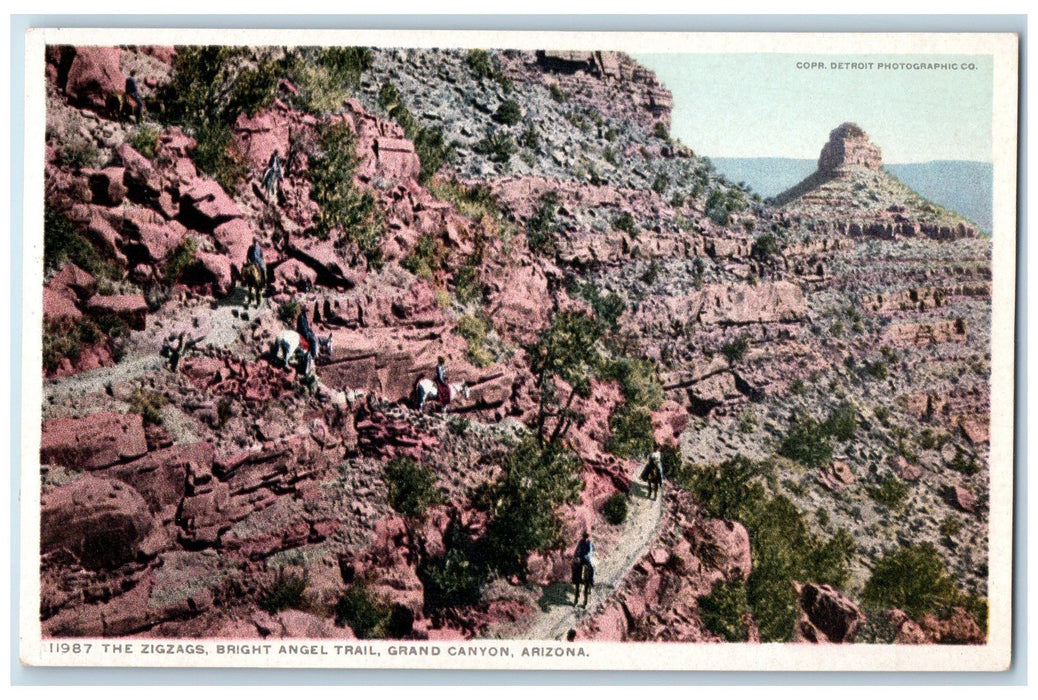 c1920 The Zigzags Bright Angel Trail Group Of Horse Men Grand Canyon AZ Postcard