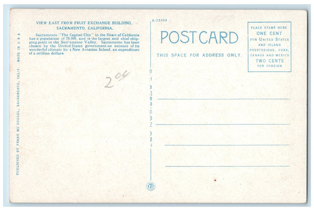 c1920's From Fruit Exchange Building Railway Trolley Cars Sacramento CA Postcard