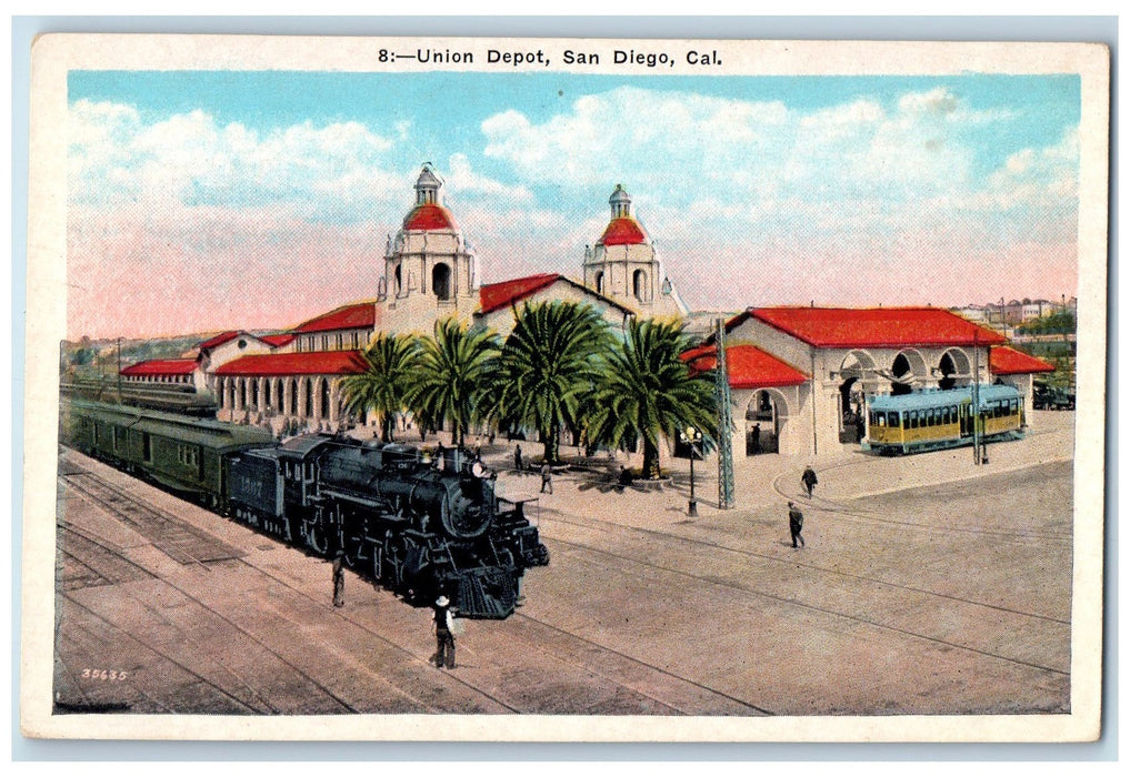 c1920 Union Depot Train Trolley Building Railroad Entrance San Diego CA Postcard