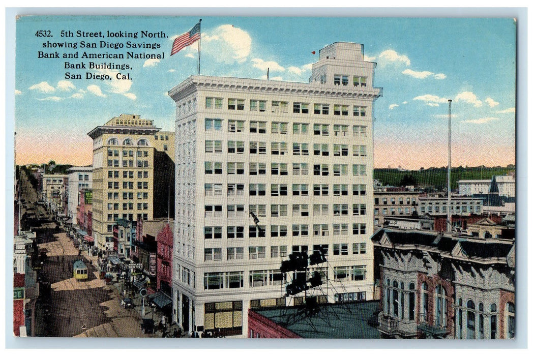 c1910 5th Street San Diego Savings Bank Buildings Dirt Road Railway CA Postcard