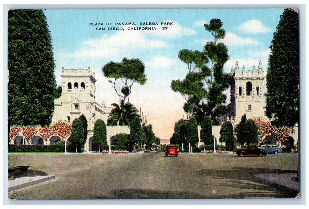 1949 Plaza De Panama Balboa Park Classic Car Tower Roads San Diego CA Postcard