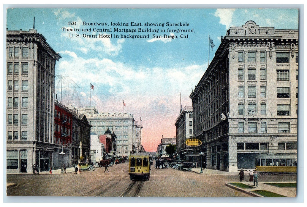 c1910 Broadway Spreckels Theater Hotels Buildings Trolley San Diego CA Postcard