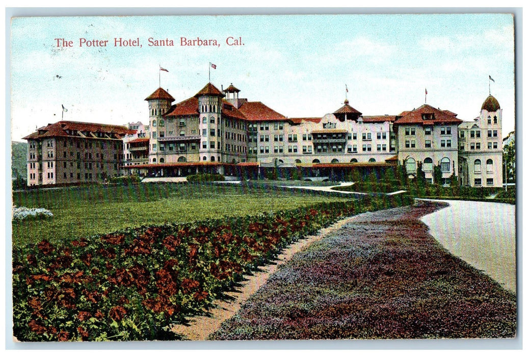c1910 Potter Hotel Restaurant Building Flowers Ground Santa Barbara CA Postcard
