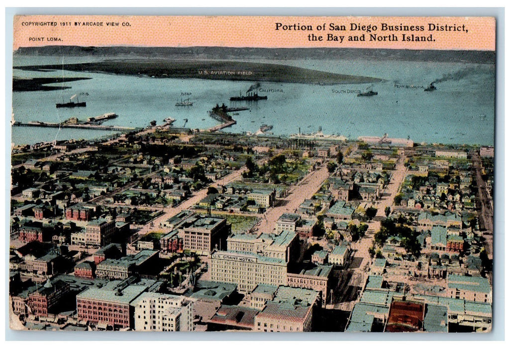 1911 Portion Of San Diego Business District Bay & North Island Boats CA Postcard