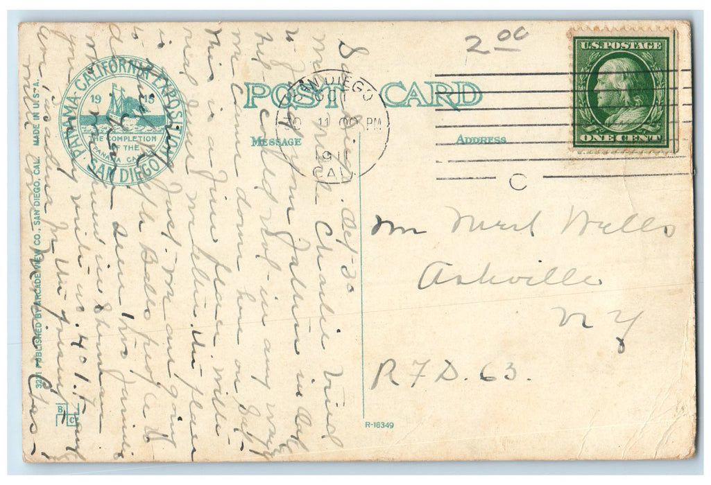 1911 Portion Of San Diego Business District Bay & North Island Boats CA Postcard