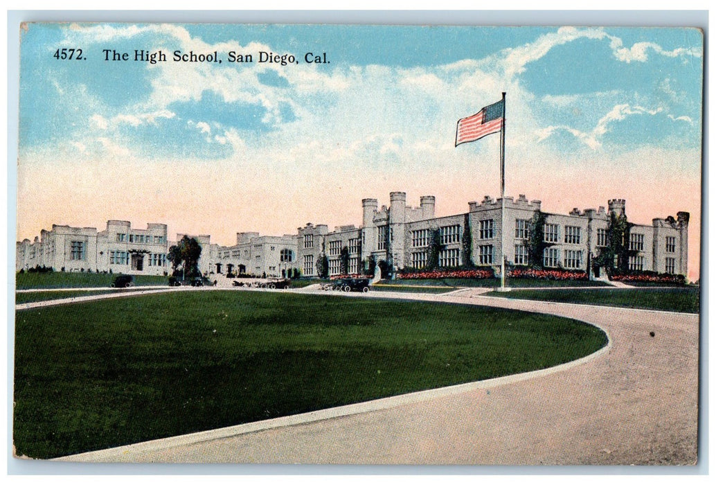 c1910's The High School Campus Building Classic Cars Road San Diego CA Postcard