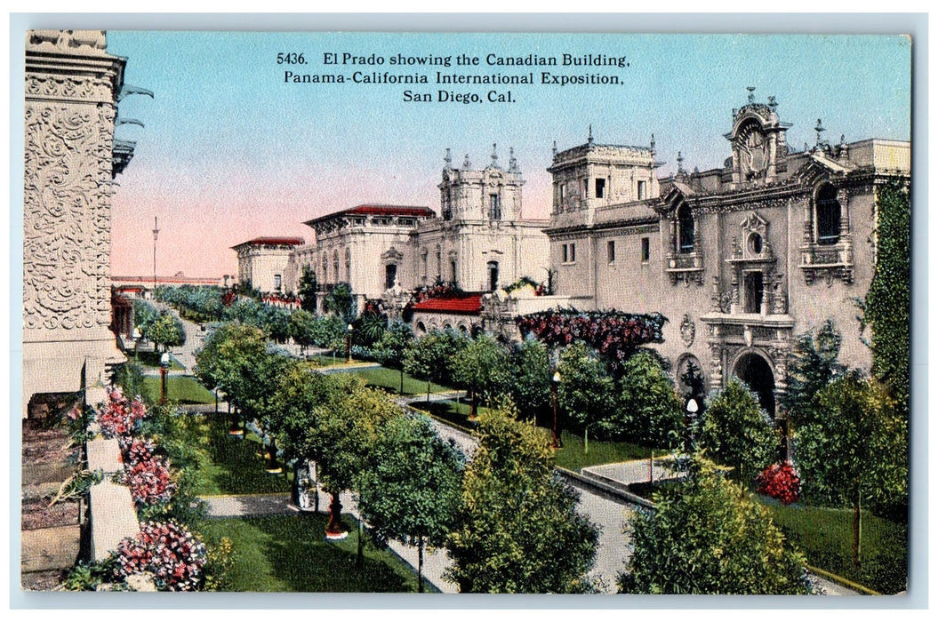 c1950 El Prado Canadian Building Expo. Concrete Road Trees San Diego CA Postcard