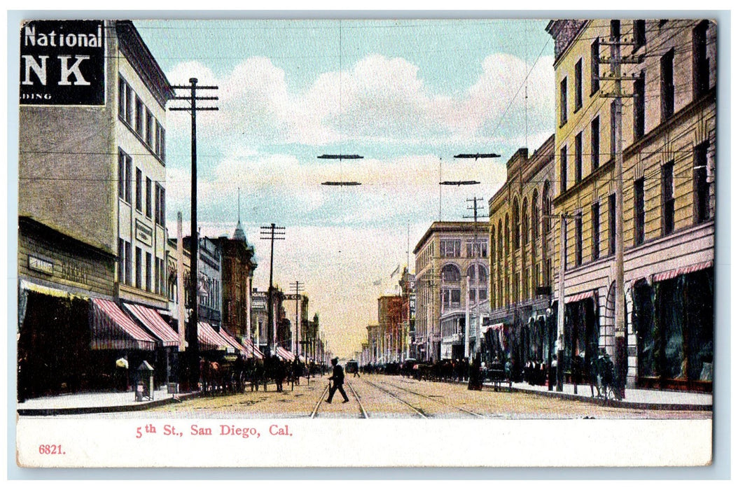 c1920 5th Street Building Downtown Store Railway Dirt Road San Diego CA Postcard