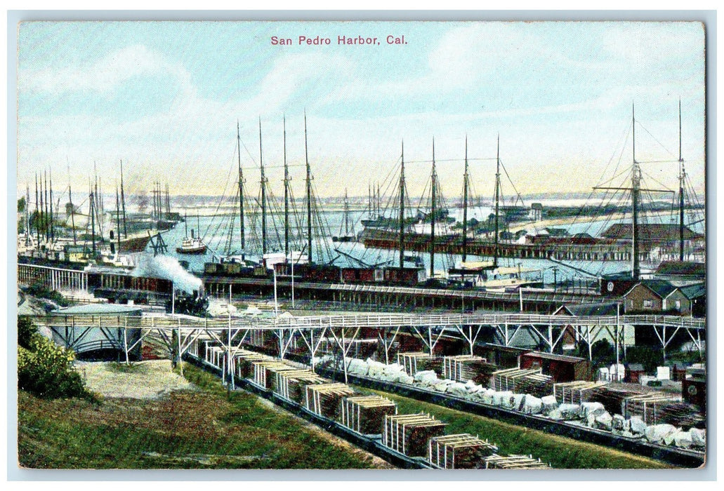 c1950 San Pedro Harbor Railroad Train Ferry Boat Dock Cargo Platform CA Postcard
