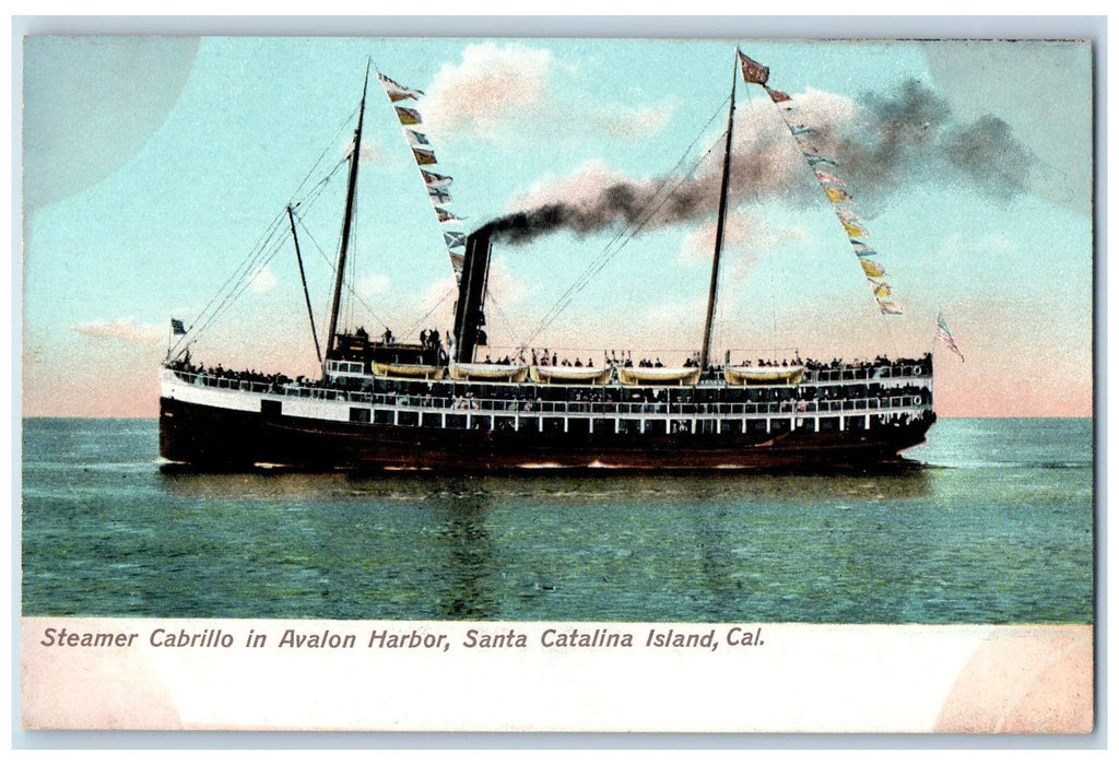 c1920's Steamer Cabrillo In Avalon Harbor Santa Catalina Island Ship CA Postcard