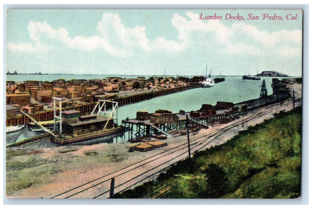 c1950's Lumber Docks Pier Harbor Boat Dirt Road San Pedro California CA Postcard